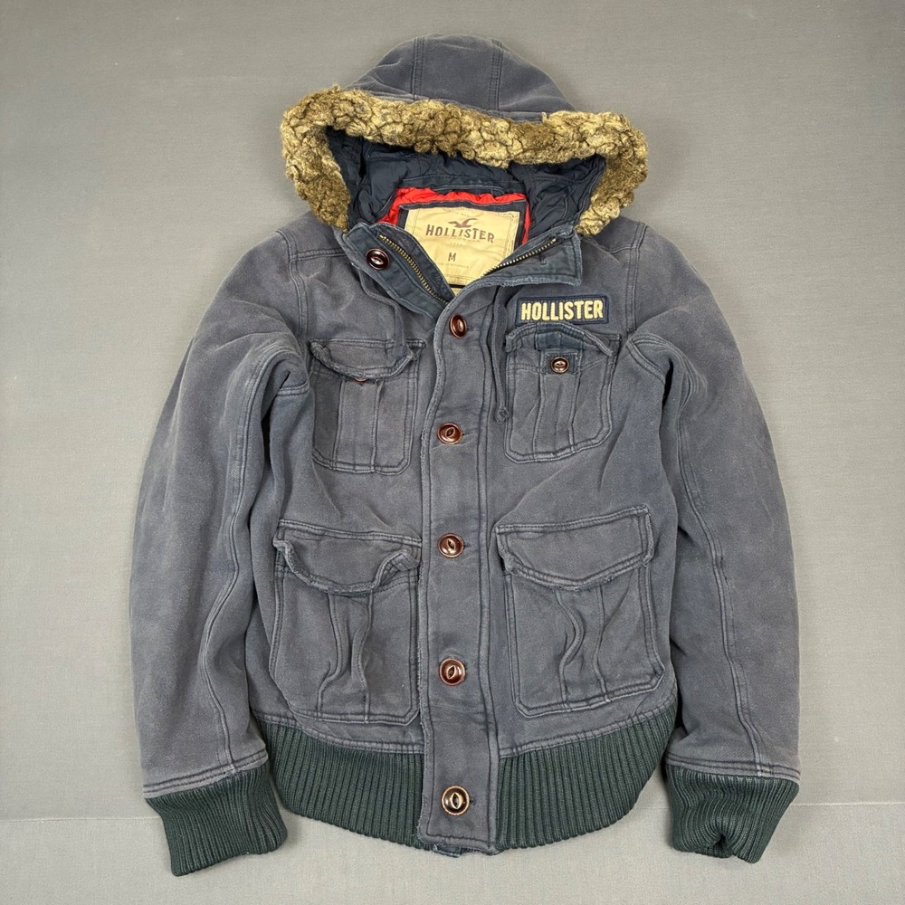 Y2K Hollister Strands Point Fur Hood Jacket Men's Size Small Navy Blue